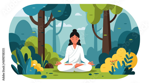 A serene woman in white robes practices mindful meditation in a tranquil forest setting, depicted in a calming, modern flat illustration style.