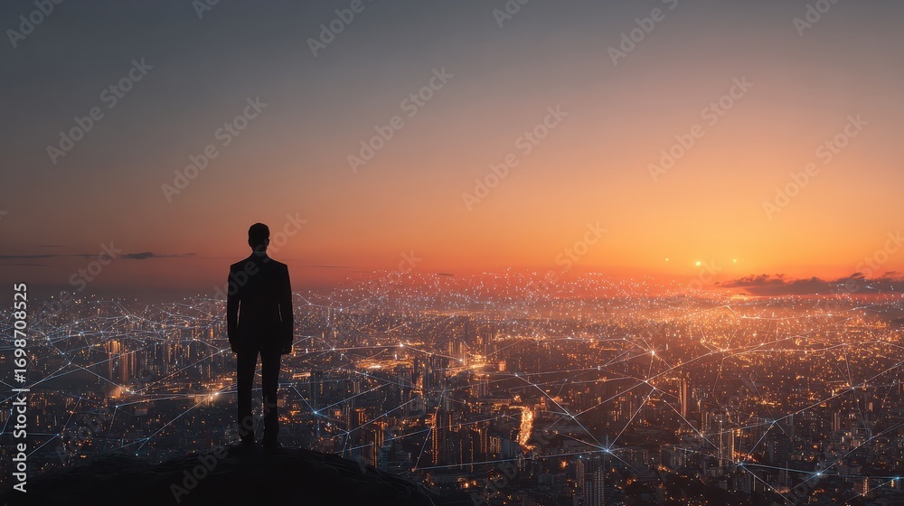 Fototapeta premium a visionary leader overlooking a thriving connected city at sunset imagining the future with strategic data networking