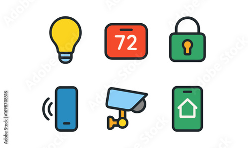 Smart home icons set for modern living: security, energy efficiency, and connectivity