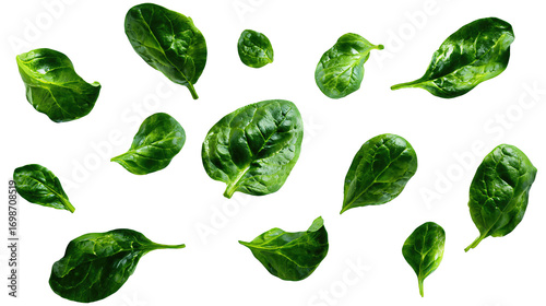 Scattered spinach leaves in varying sizes with crisp veins, arranged in light upward drift, isolated on transparent background.

