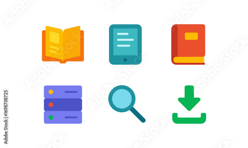 Digital library icon set featuring books, tablet, database, magnifying glass, and download symbol for educational and multimedia design