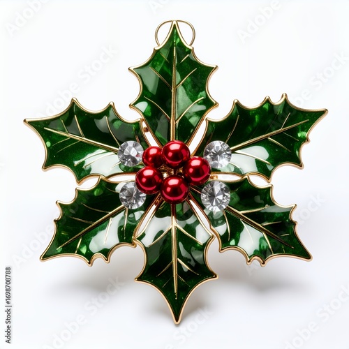 Ornamental festive holly decoration with gems capturing holiday spirit isolated on white background