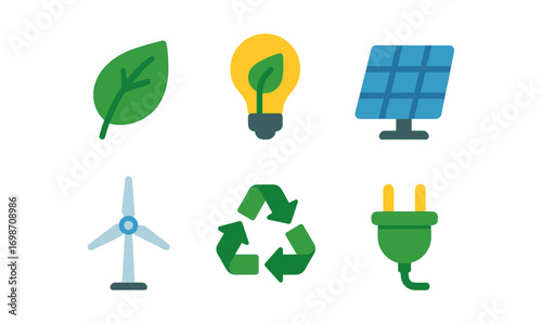 Green technology icons set featuring renewable energy and sustainability for eco-friendly design projects