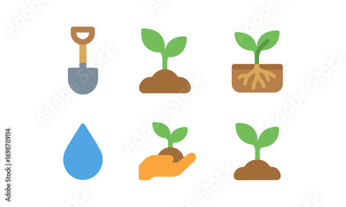 Soil conservation icon set featuring shovel, saplings, roots, water drop, and hand with plant for sustainable agricultural design