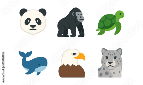 Endangered species icons set featuring panda, gorilla, turtle, whale, eagle, and snow leopard for conservation awareness
