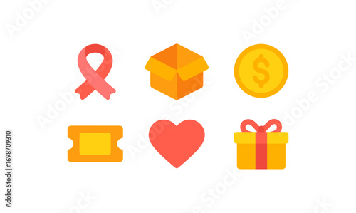 Charity icon set featuring donation, ribbon, heart, and gift symbols for awareness and fundraising design