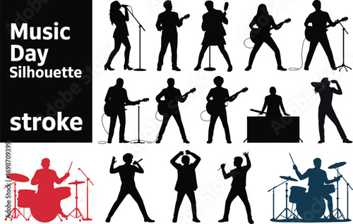 Dynamic silhouettes of musicians performing on stage with instruments and microphones.