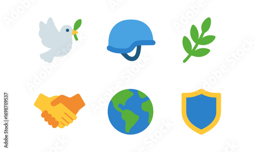 Peacekeeping icons set featuring dove, olive branch, handshake, and earth for international harmony and security themes