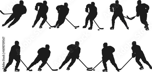 Ice hockey player silhouette collection, skating with stick and puck, sport action poses, vector illustration for competition, training, or design