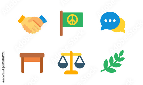 Conflict resolution icons set: hands shaking peace concept, dialogue bubbles, and justice symbols for communication and mediation design