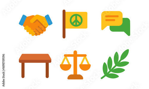 Conflict resolution symbols featuring handshake, peace flag, dialogue bubbles, table, scales, and olive branch for communication and diplomacy designs