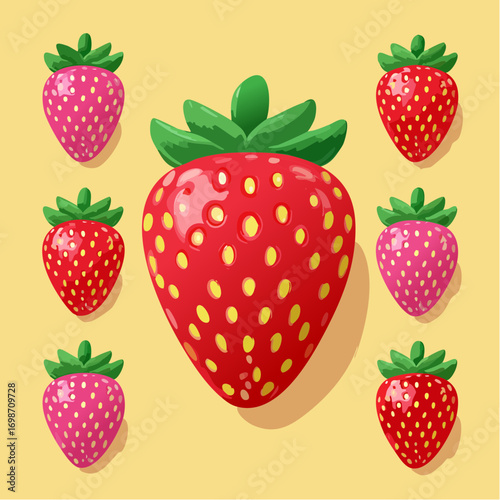 Pop art crayon strawberry icon set. Funky red and pink strawberries on yellow background.