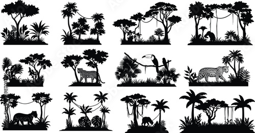 Jungle animal silhouette vector collection, tropical rainforest wildlife illustration, nature landscape, wild animal scene, exotic flora and fauna elements.