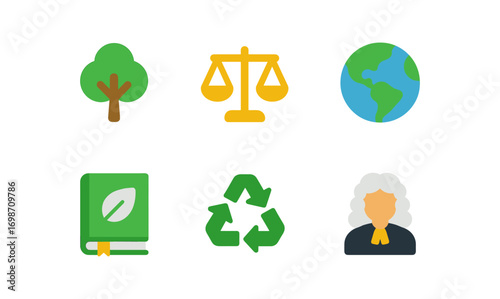 Environmental law icons set for sustainability and justice design projects