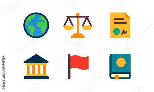 International law icons collection with globe, scale, and legal imagery for professional use