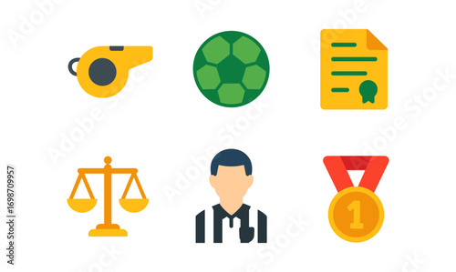 Sports law icon set featuring whistle, soccer ball, legal document, scales, referee, and medal for legal and athletic applications