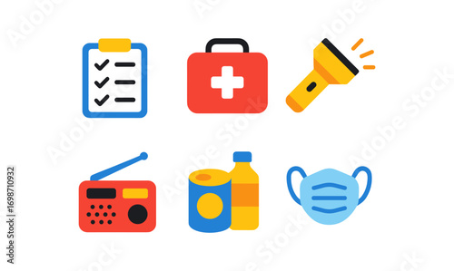 Emergency preparedness essentials icon set featuring first aid, flashlight, radio, and protective gear