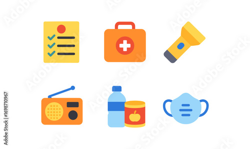 Emergency preparedness icons grid - checklist, first aid kit, flashlight, radio, water, canned food, mask