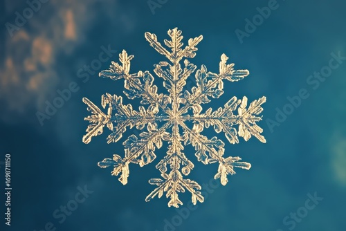 Beautifully detailed snowflake is displayed against a serene blue backdrop, highlighting its unique structure and intricate patterns, evoking feelings of winter wonder and festive cheer
