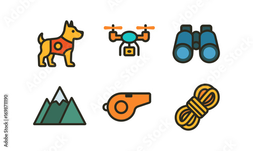 Search and rescue essentials: icons of tools and equipment for emergency situations