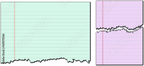 Creative Torn Notebook Paper Stationery in Pastel Green and Purple, Lined Sheets with Rough Ripped Edges and Red Margins, Blank Note Paper for Scrapbooking, Journaling, and Digital Design