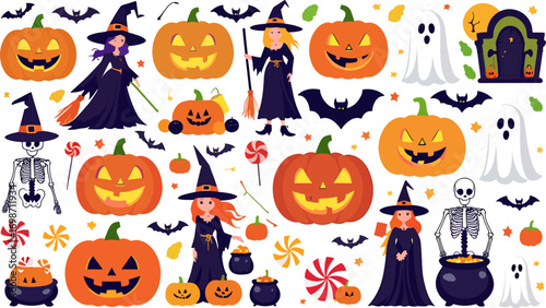 Halloween Celebration Seamless Pattern with Witches, Pumpkins, Skeletons, Ghosts, Bats and Candy for Festive Occasions