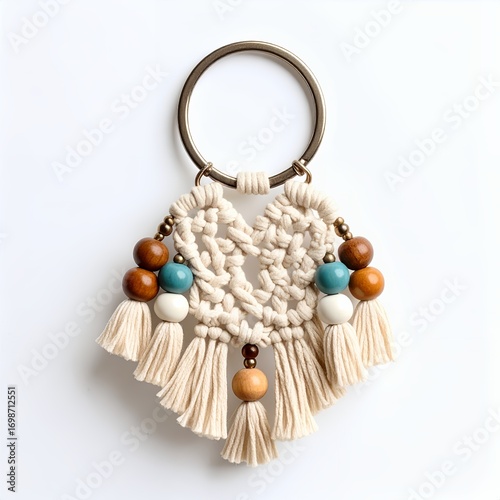 Handcrafted macrame keychain with ornate wooden beads bohemian style embellishment on white background