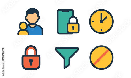 Parental controls icons for digital security and time management in family settings