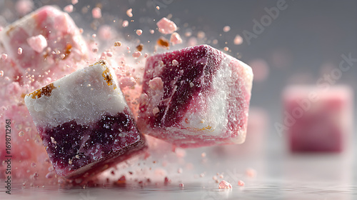 Abstract geometric blocks dynamically disintegrating with soft pink hues artistically arranged on white background