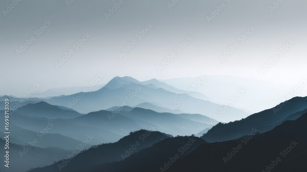 Fototapeta premium Minimalist mountain landscape silhouette in soft gray tones, misty gradient sky, large negative space, poetic and tranquil composition for travel quotes, 16:9