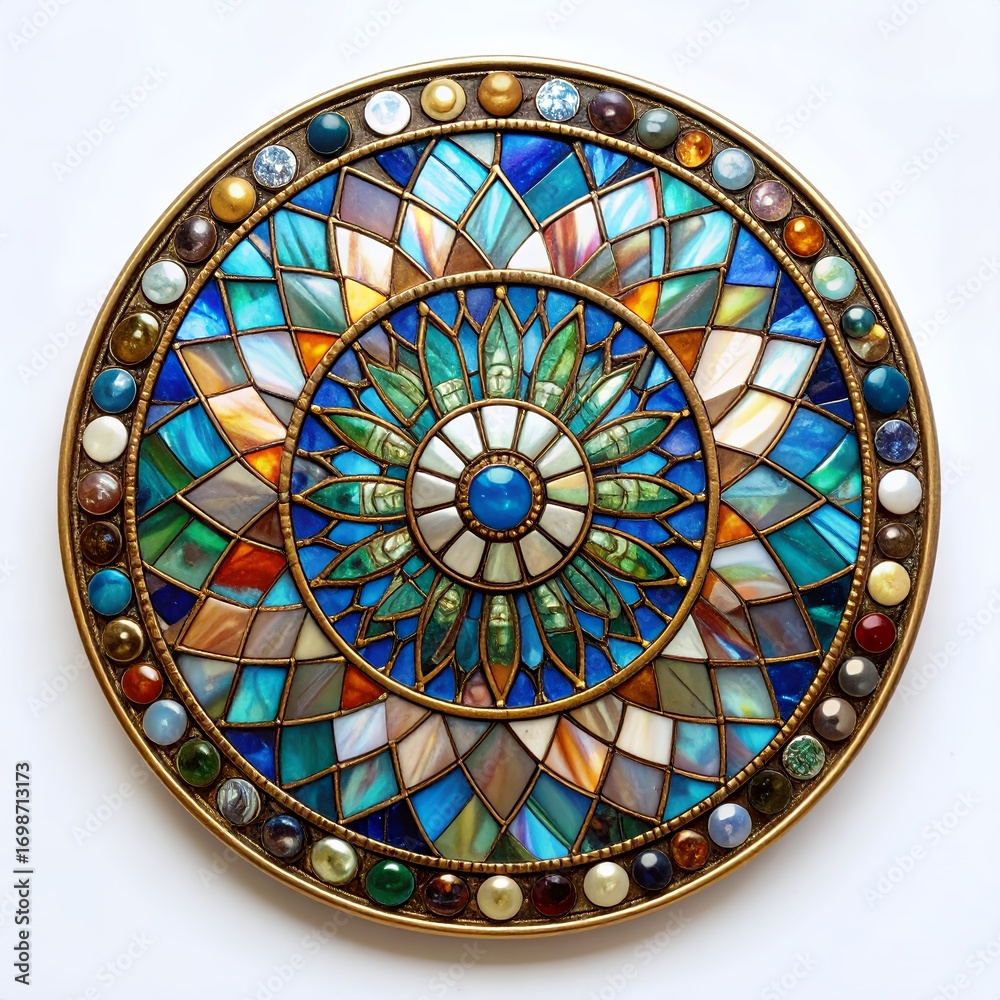 Obraz premium Intricate stained glass rosette artwork with gem embellishments, decorative piece on white background