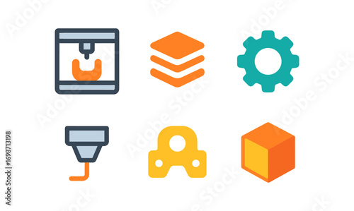 Additive manufacturing and 3d printing icons for design projects and educational use