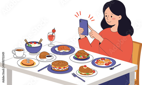 A young female food blogger and content creator taking a photo of a delicious brunch spread with her smartphone for social media