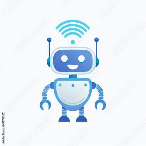 Illustration of a friendly robot character with wireless connection signal on a white background