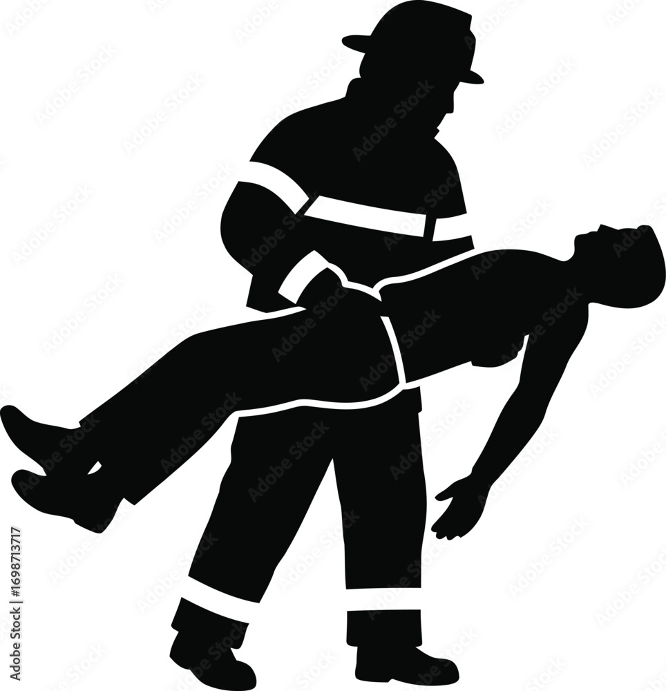 Fototapeta premium firefighter rescuing person silhouette on transparent background