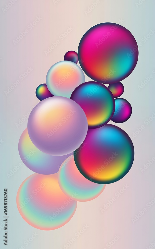 Fototapeta premium Abstract colorful iridescent spheres floating in a gradient background, digital art