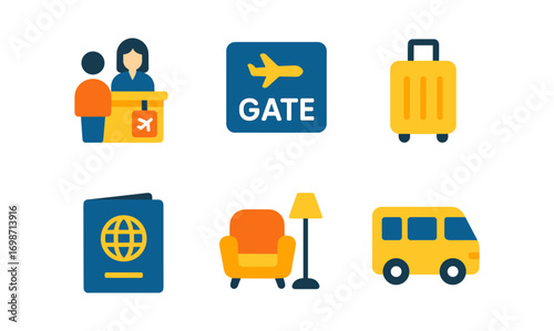 Airport services icons set for travel design and planning