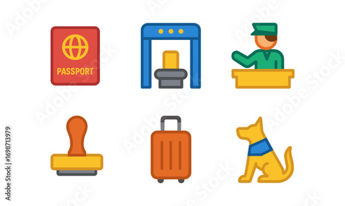 Customs control icons set featuring passport, security scanner, officer, stamp, luggage, and detection dog for travel design