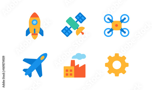 Aerospace icon set featuring rockets, satellites, drones, airplanes, factories, and gears for design projects