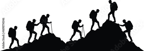 group climbing mountain peak silhouette on transparent background
