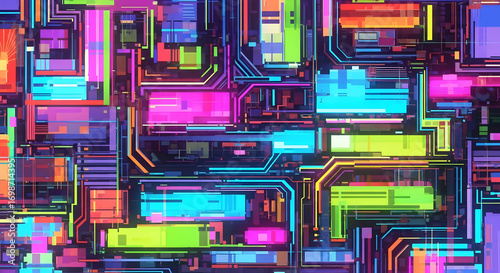 Abstract Neon Circuit Board Background | Colorful Geometric Shapes with Lines for Technology, Gaming and Futuristic Design