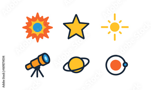Astronomy icon set featuring supernova, telescope, and cosmic elements for design projects