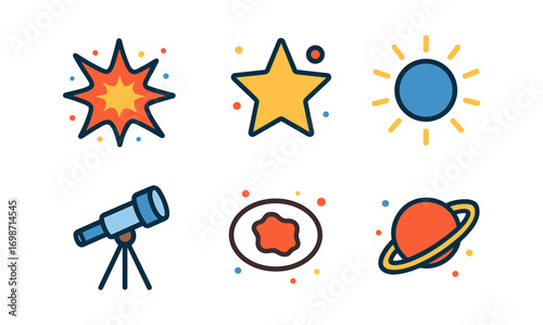 Stellar elements collection: supernova, star, sun, telescope, planet, and asteroid icon set for design projects
