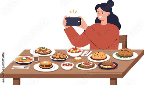 Female food influencer creating content, photographing a large meal on a table with a mobile phone for her online blog or channel
