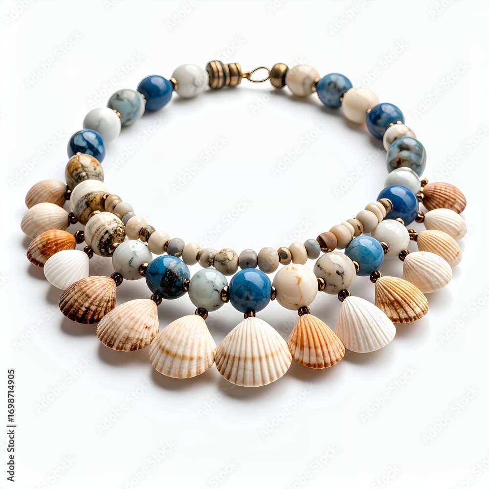 Obraz premium Handcrafted seashell necklace with blue and white stone beads arrangement on white background