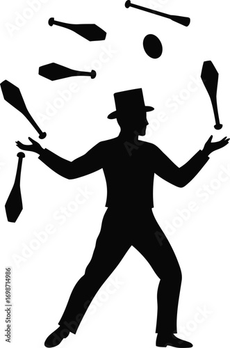 a juggler performing with clubs on transparent background silhouette