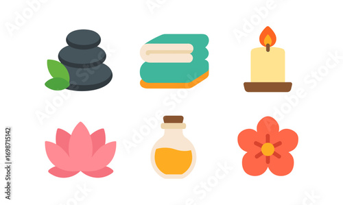 Collection of spa icons featuring stones, towels, candle, lotus, oil, and flower for wellness design