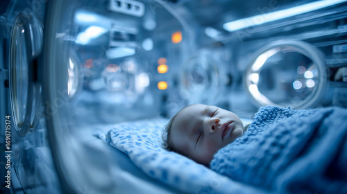 The baby is sleeping in an incubator, in a hospital in the neonatal ward, or in intensive care, receiving medical care.