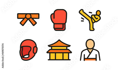 Martial arts icons set featuring belt, gloves, kicking figure, helmet, dojo, and uniform for design projects