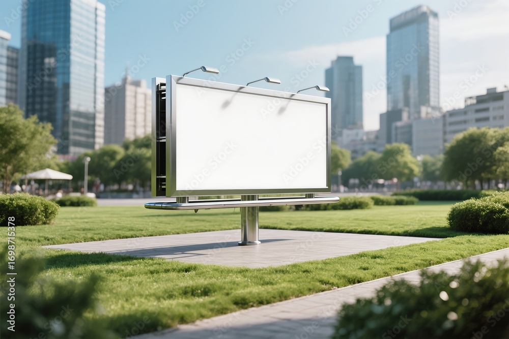 Fototapeta premium In a vibrant and bustling city park, a large blank billboard stands clearly visible amidst modern skyscrapers